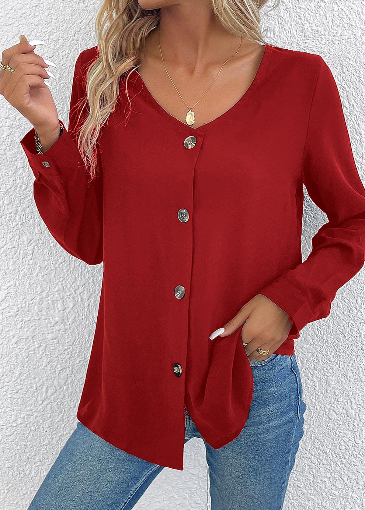 Wine Red Button Long Sleeve V Neck Blouse