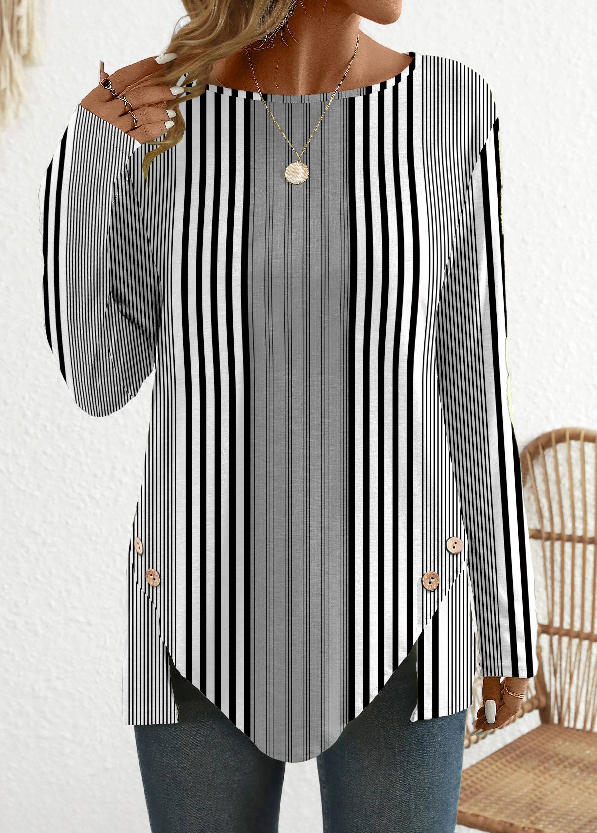 Black Patchwork Striped Long Sleeve Round Neck T Shirt | picture 