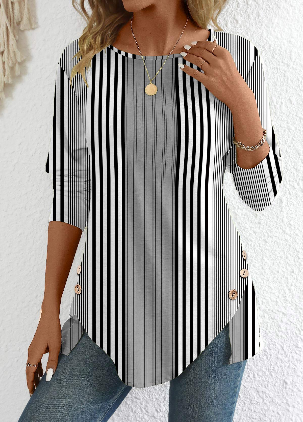 Black Patchwork Striped Long Sleeve Round Neck T Shirt | picture 