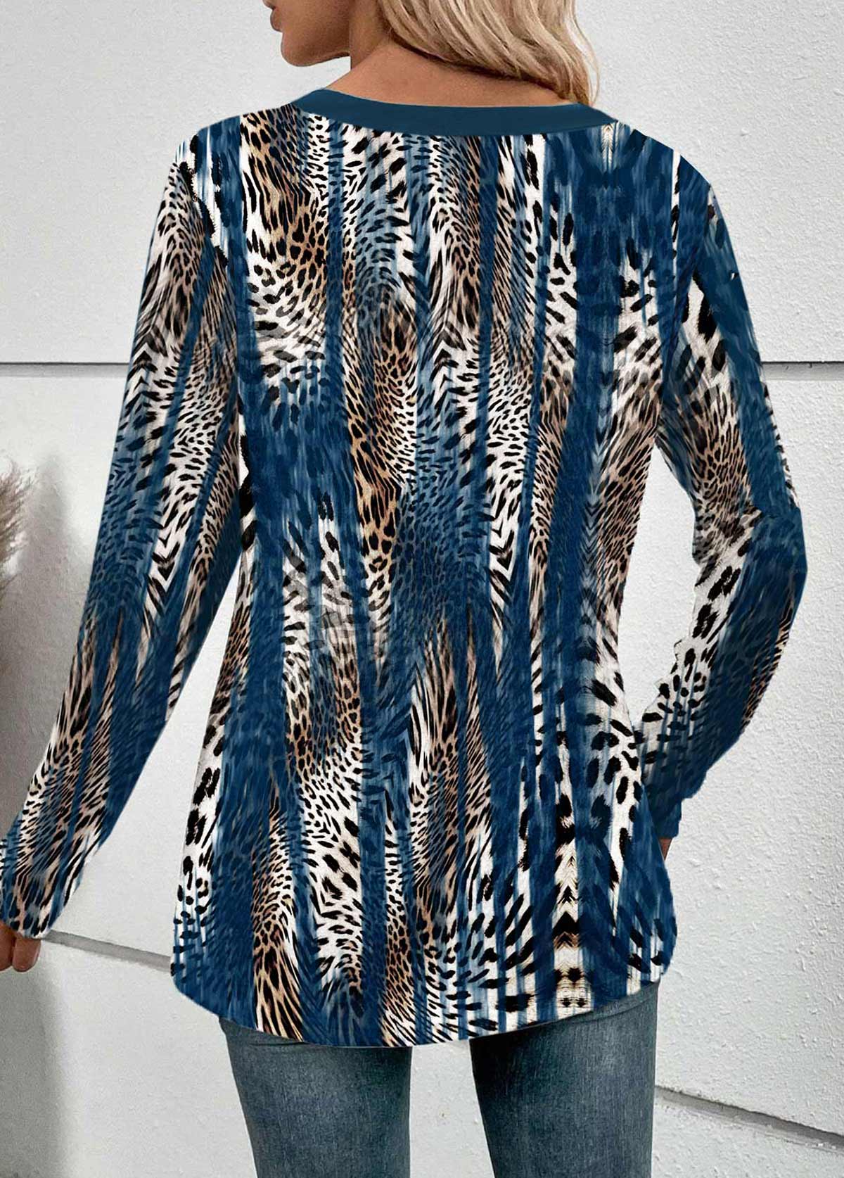 Peacock Blue Patchwork Leopard Long Sleeve T Shirt