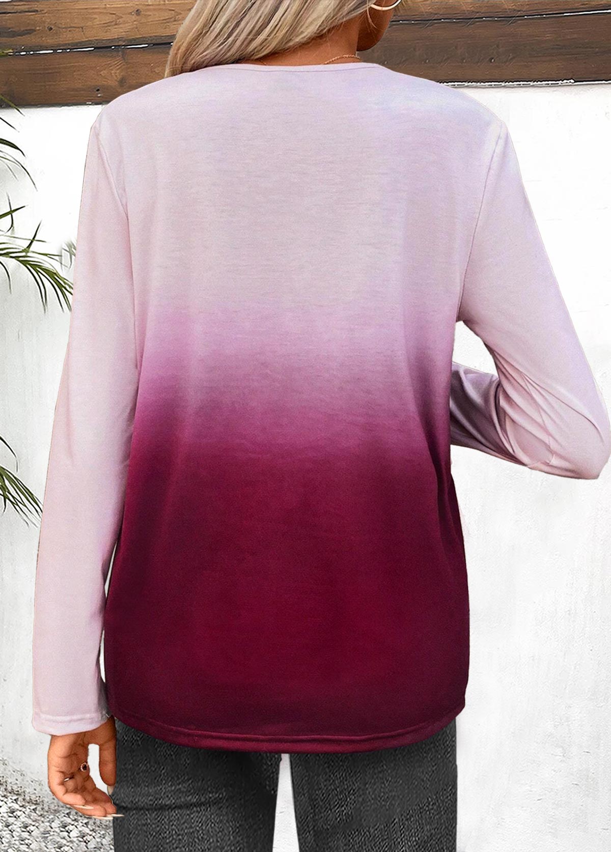 Dark Reddish Purple Button Ombre Long Sleeve T Shirt