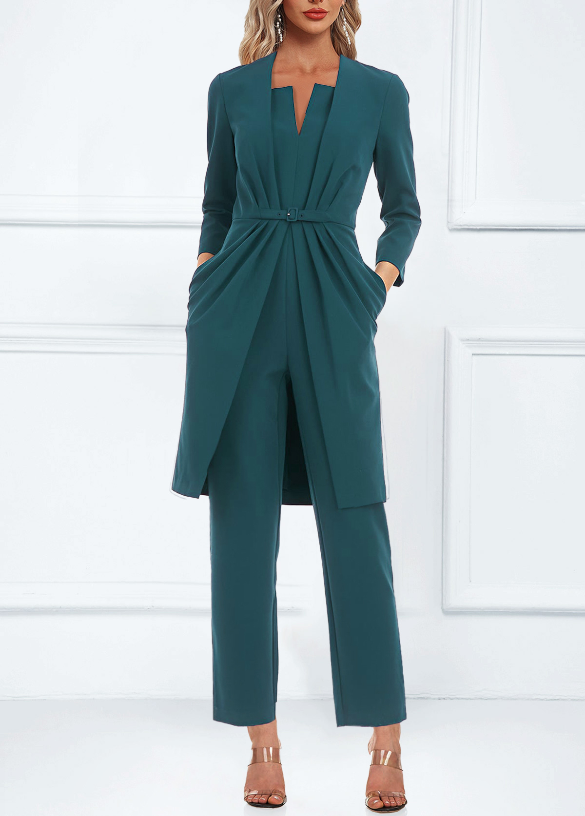 Turquoise Split Pocket Design Ankle Length Jumpsuit
