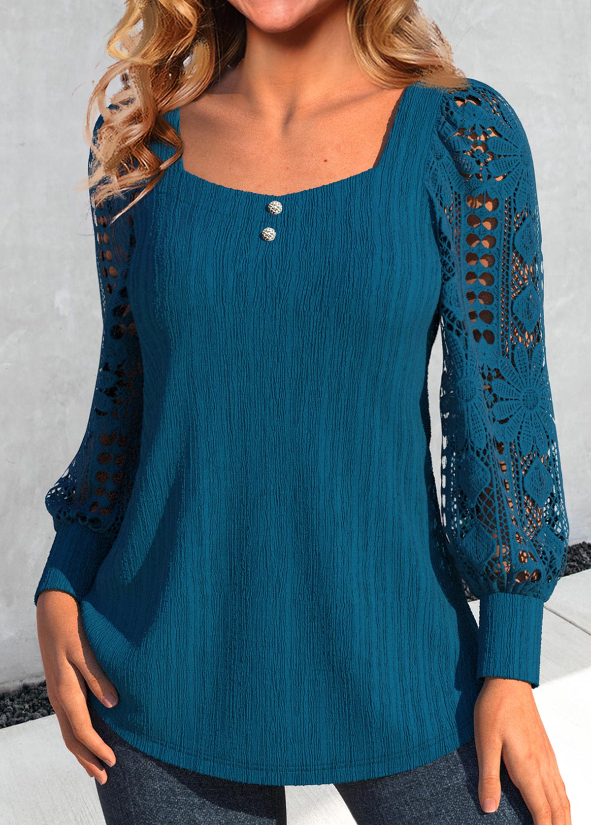 Peacock Blue Lace Long Sleeve Square Neck Blouse
