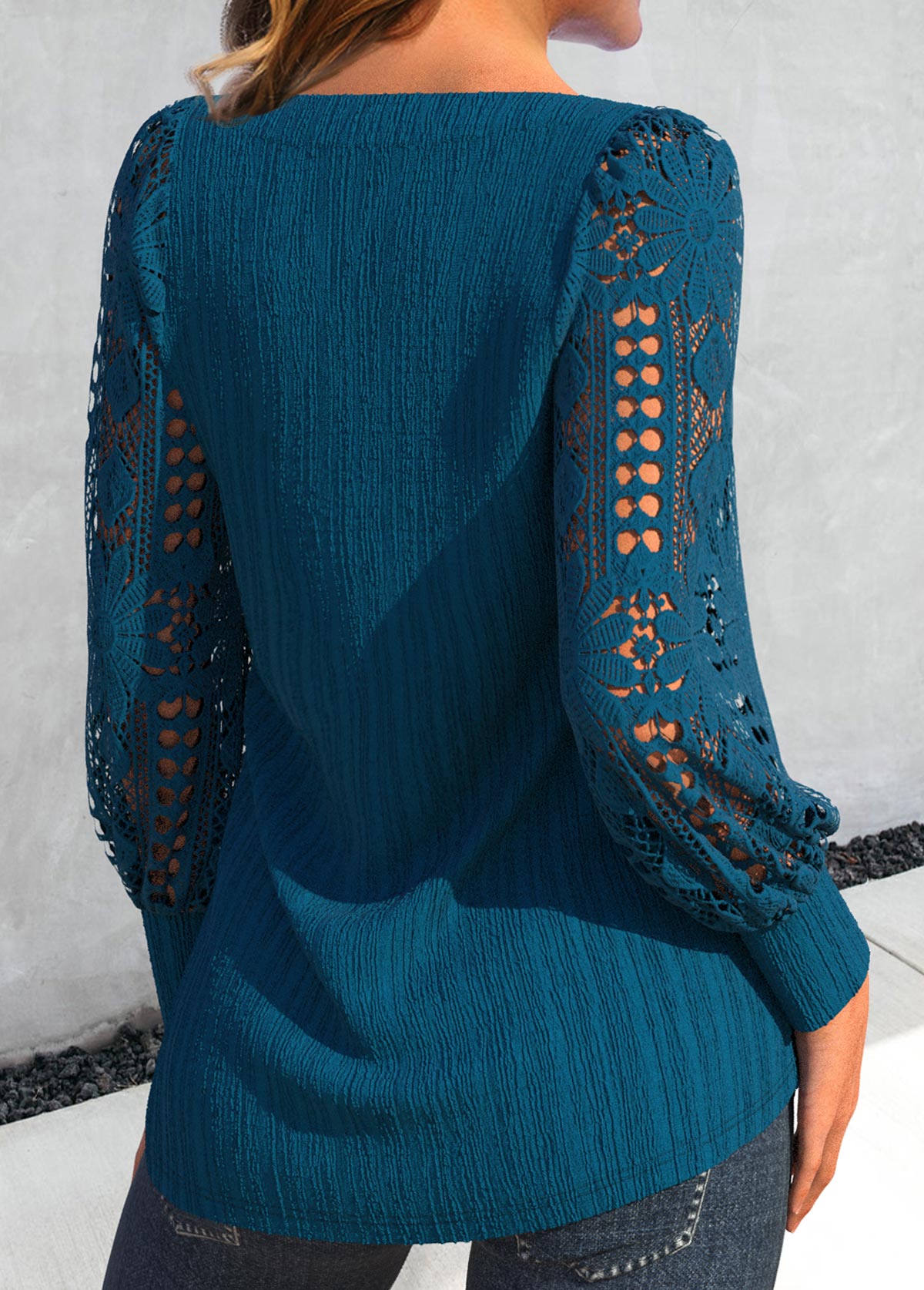 Peacock Blue Lace Long Sleeve Square Neck Blouse