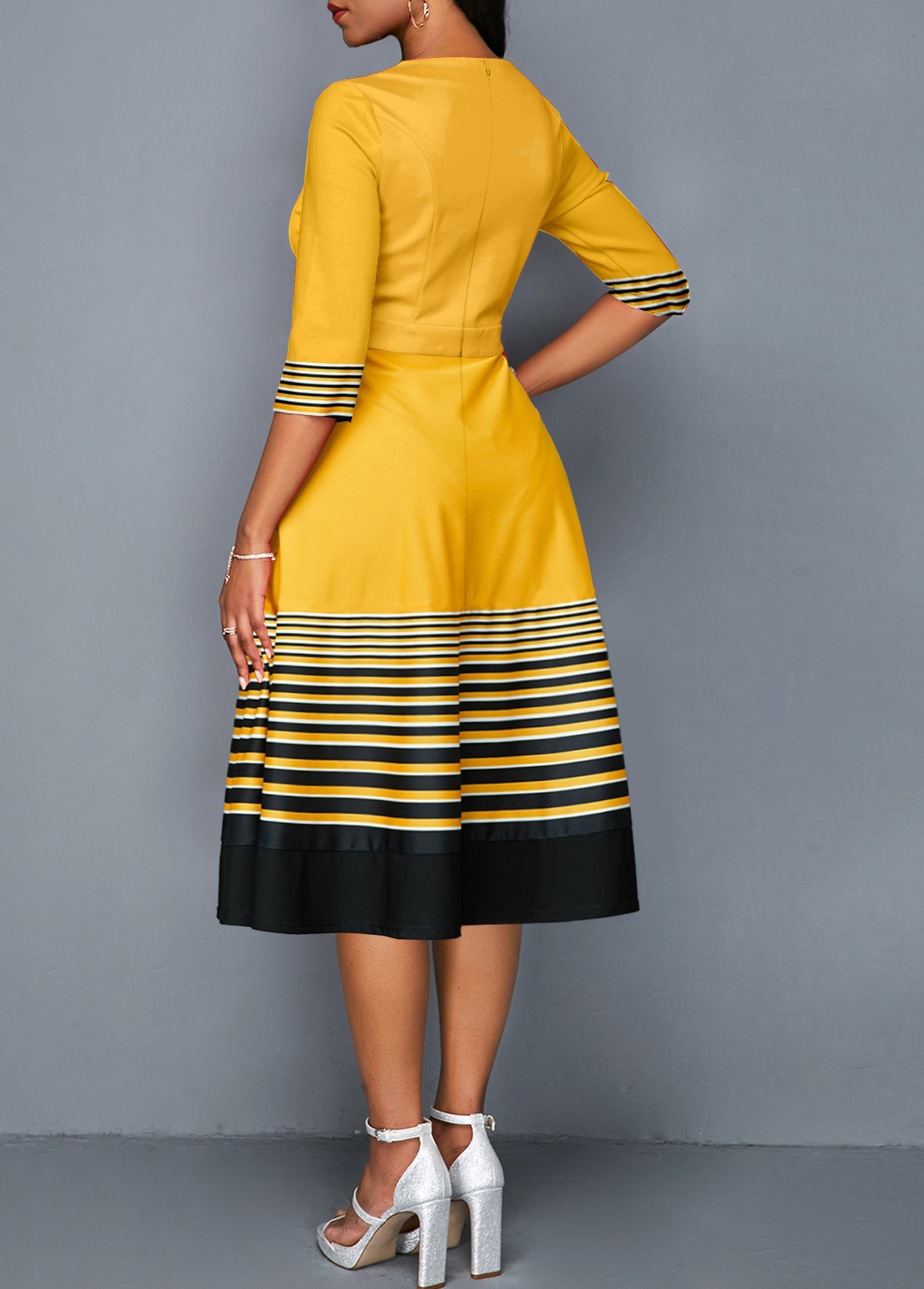 Yellow Patchwork Striped Half Sleeve Round Neck Dress