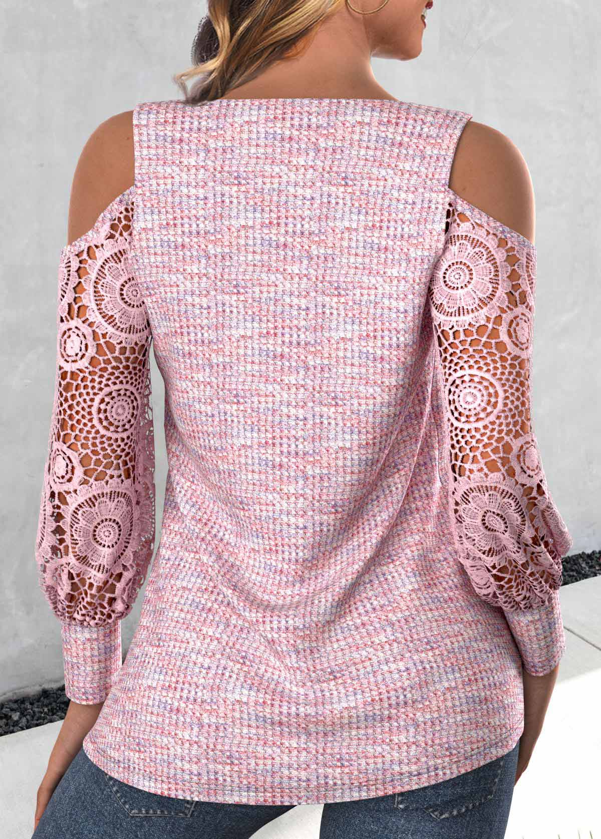 Light Pink Patchwork Long Sleeve Square Neck T Shirt