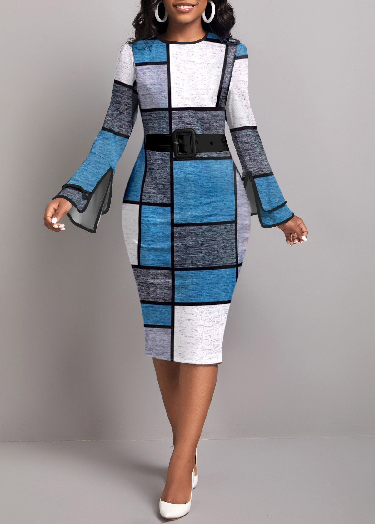 Blue Layered Geometric Print Long Sleeve Dress