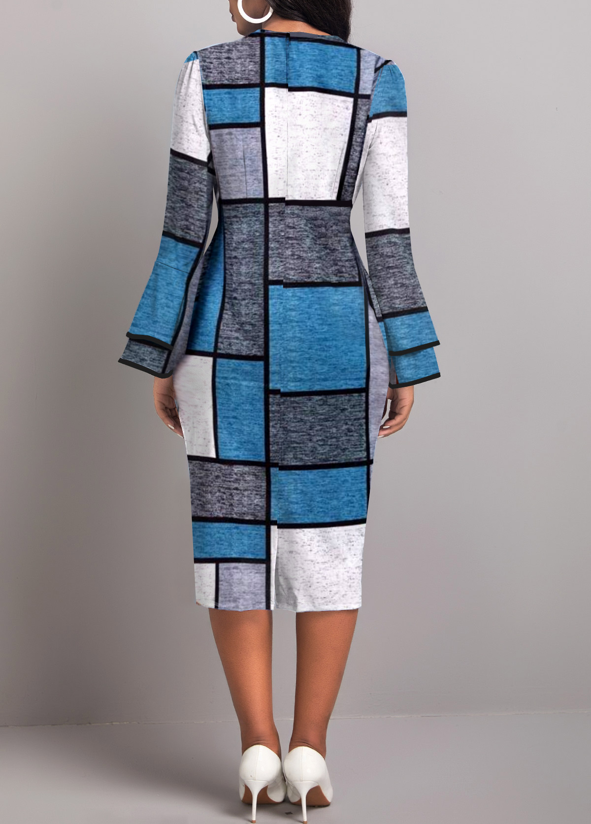 Blue Layered Geometric Print Long Sleeve Dress