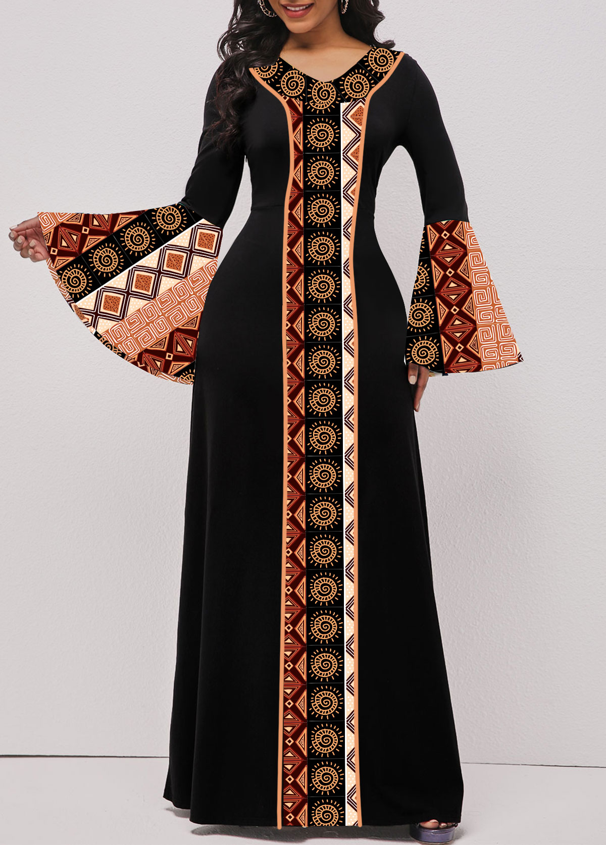 Black Patchwork Tribal Print Long Sleeve Maxi Dress