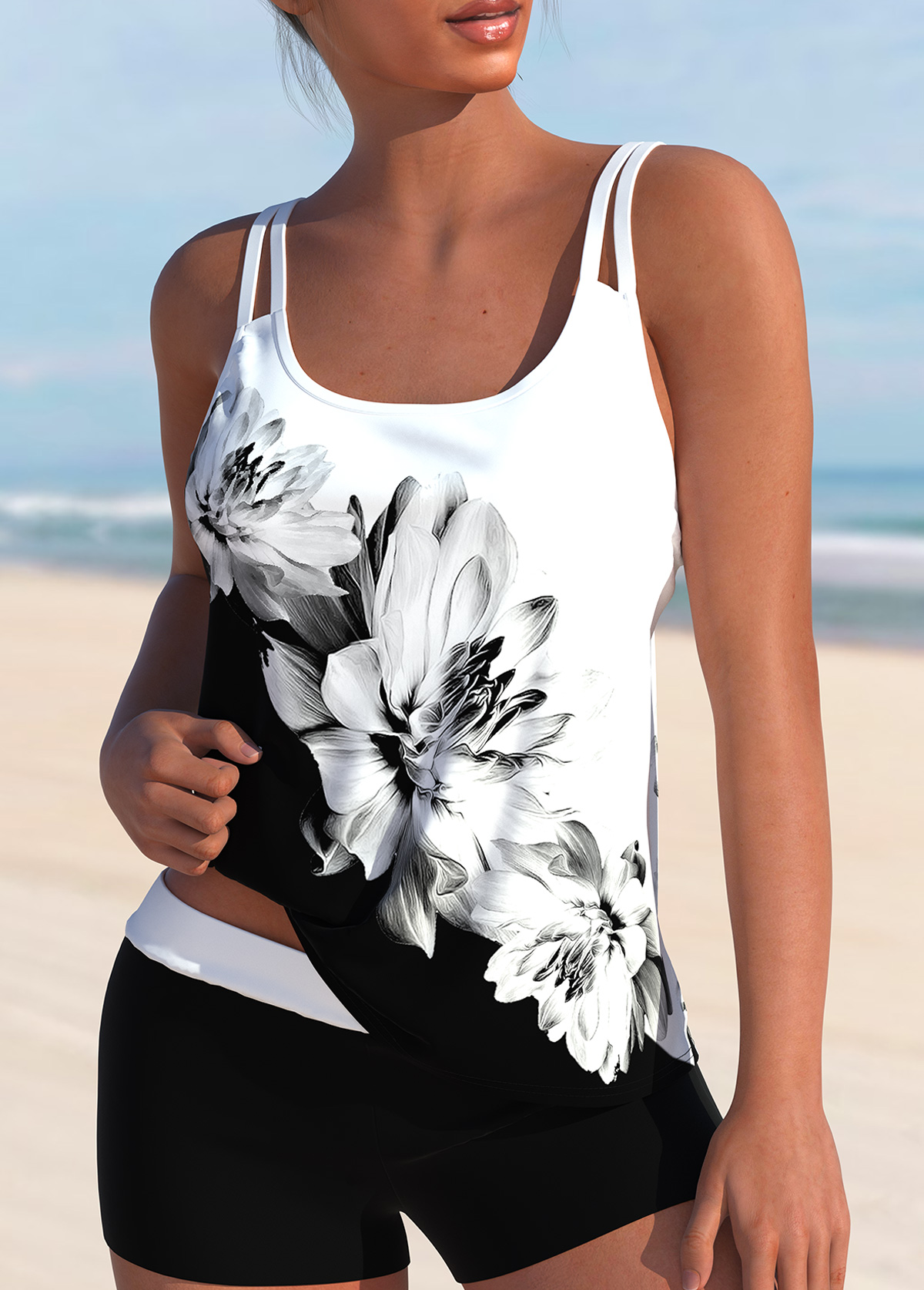 High Waisted Floral Print White Tankini Set | picture 