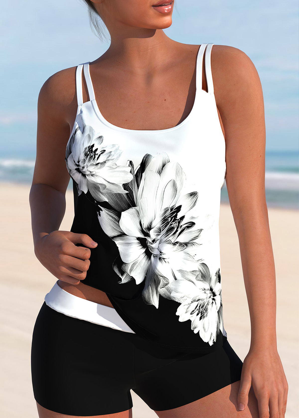 High Waisted Floral Print White Tankini Set | picture 