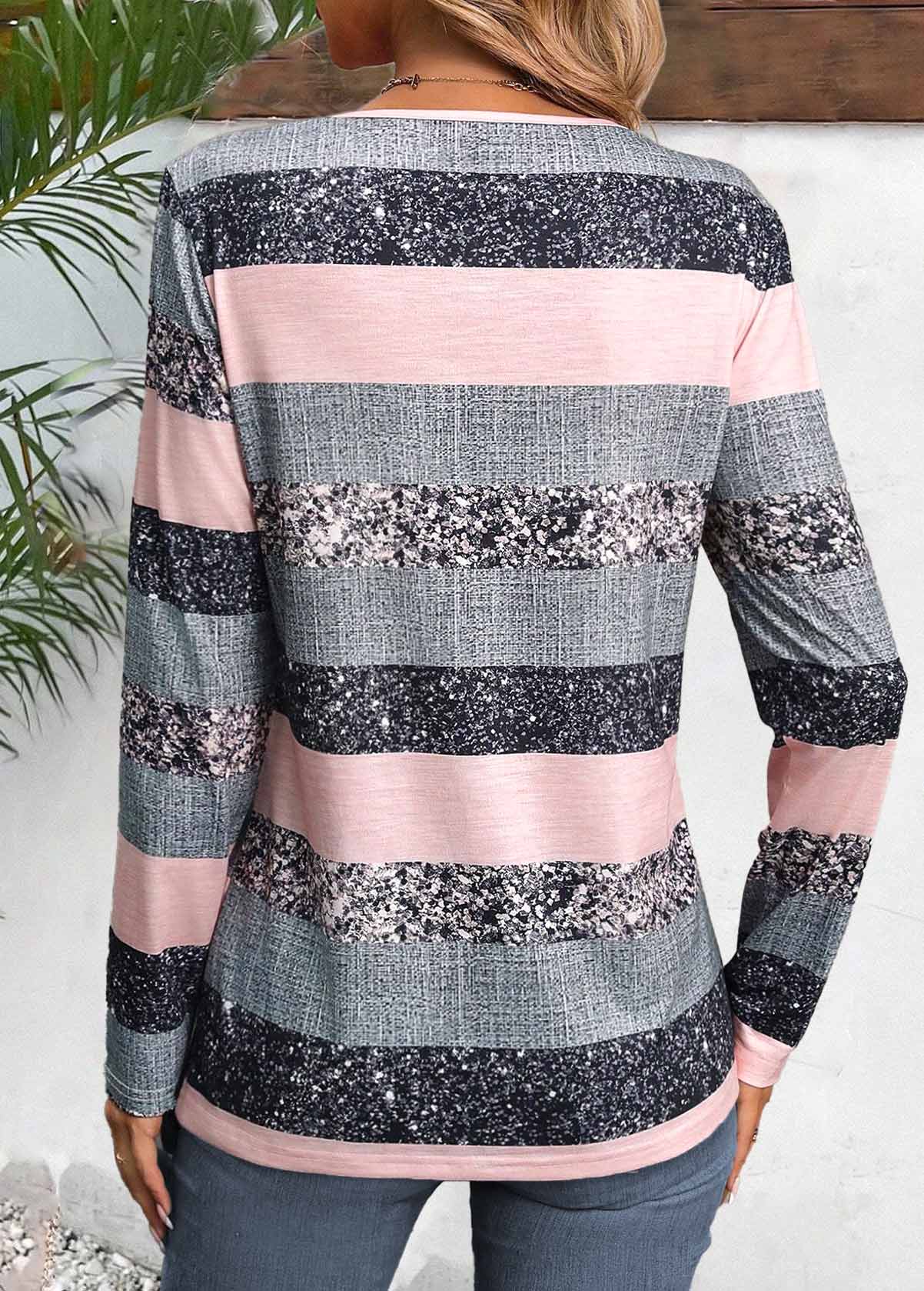 Light Pink Asymmetry Striped Long Sleeve T Shirt
