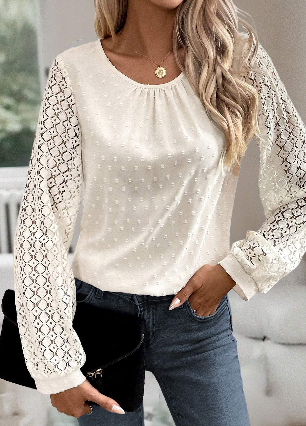 Beige Button Long Sleeve Round Neck Blouse | picture 