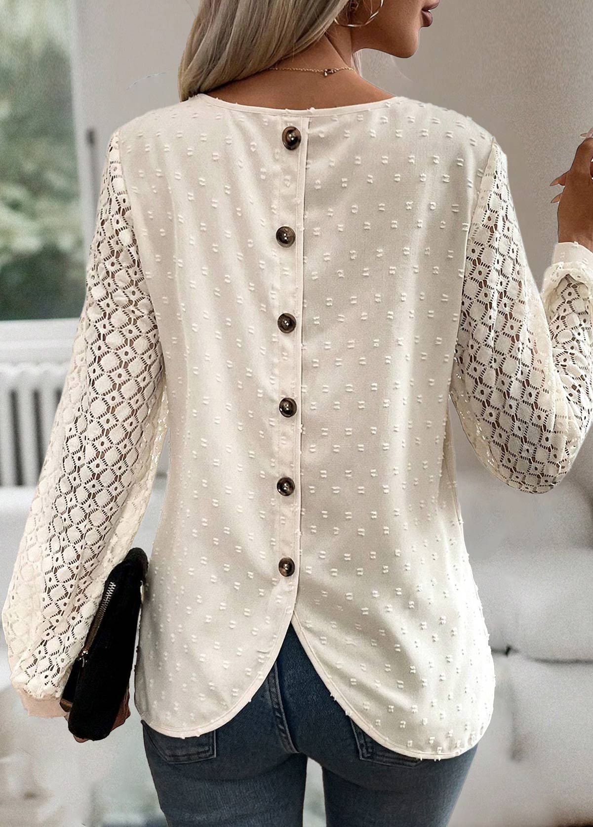 Beige Button Long Sleeve Round Neck Blouse | picture 