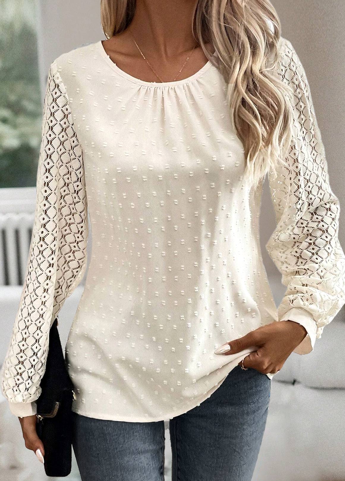 Beige Button Long Sleeve Round Neck Blouse | picture 