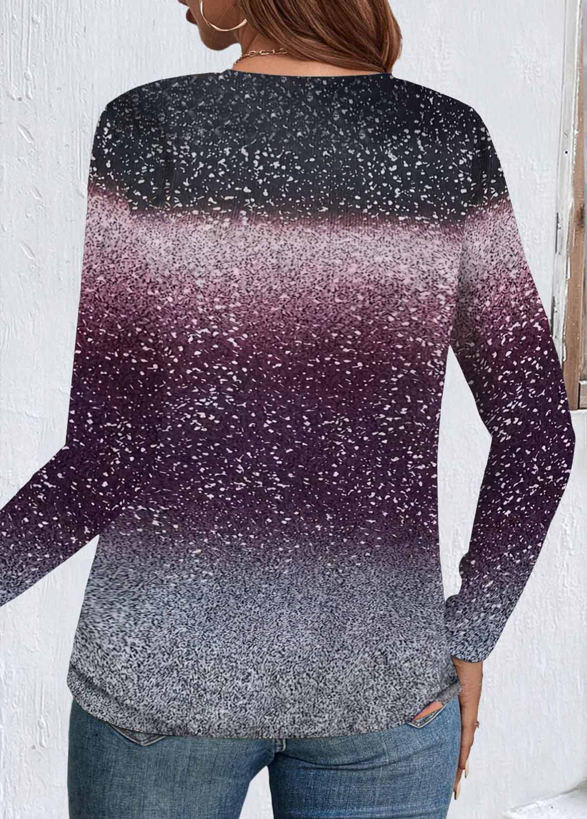 Purple Button Ombre Long Sleeve Round Neck T Shirt