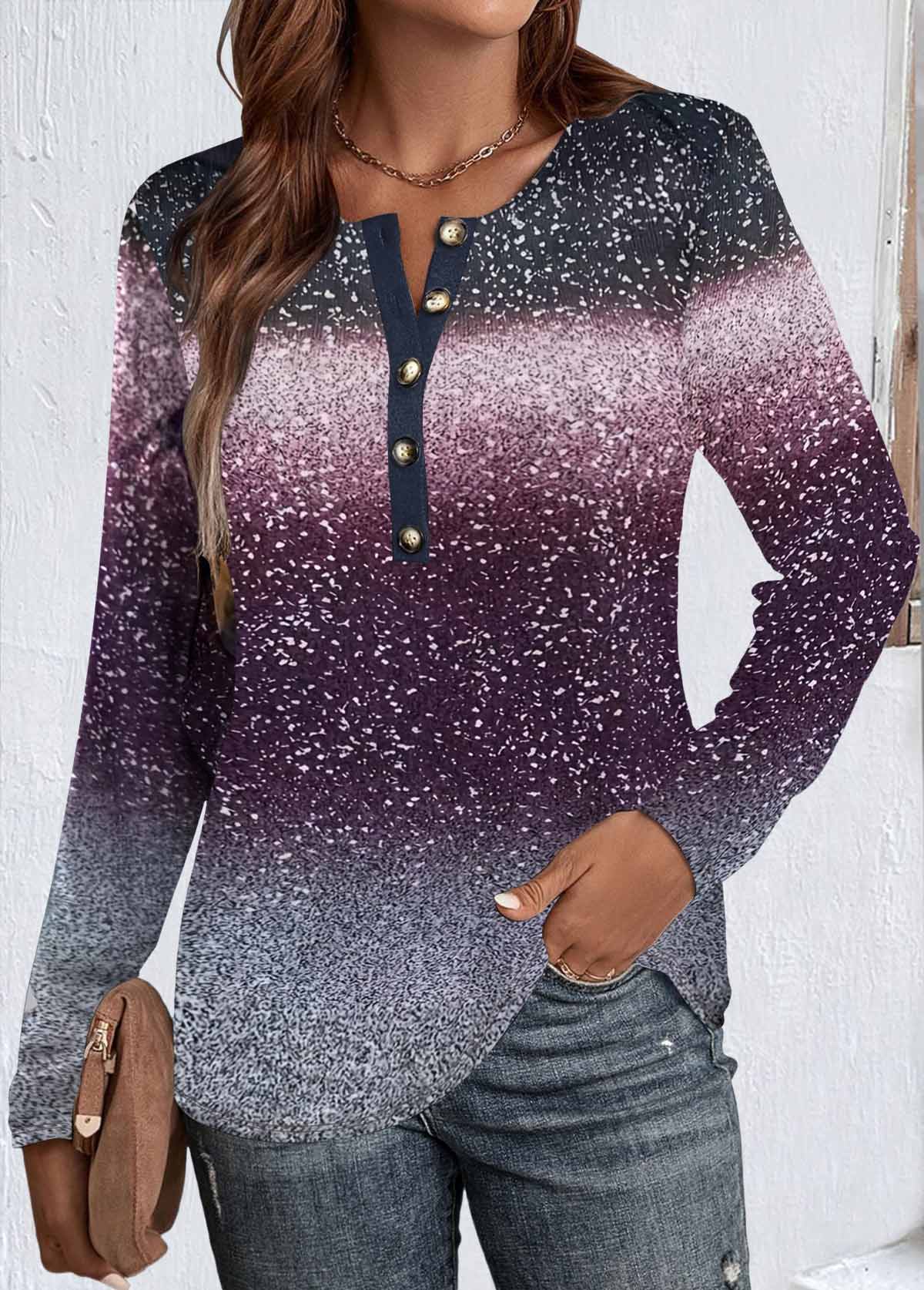 Purple Button Ombre Long Sleeve Round Neck T Shirt