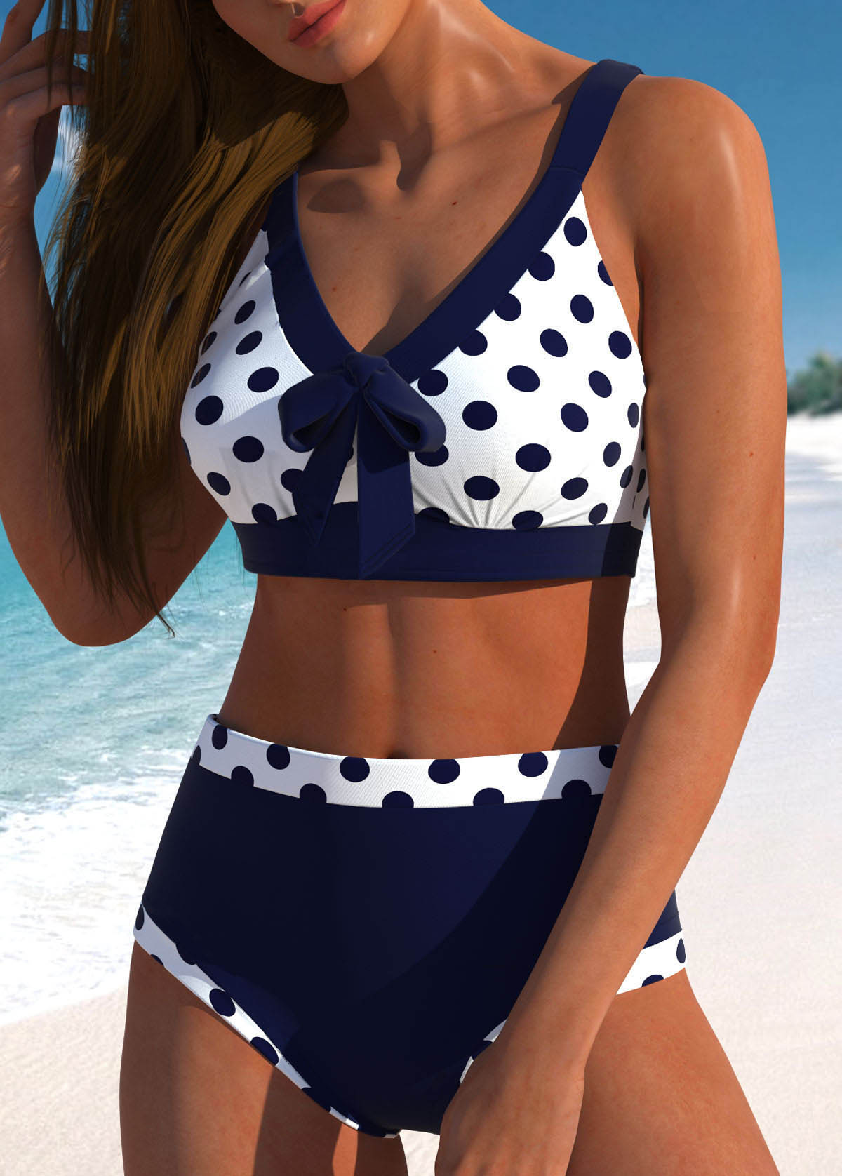 Bowknot High Waisted Polka Dot Navy Bikini Set | picture 