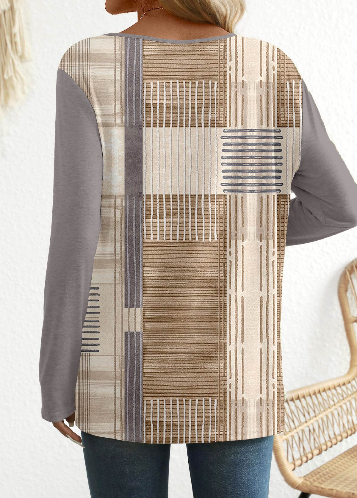 Light Camel Patchwork Graffiti Print Long Sleeve T Shirt | picture 