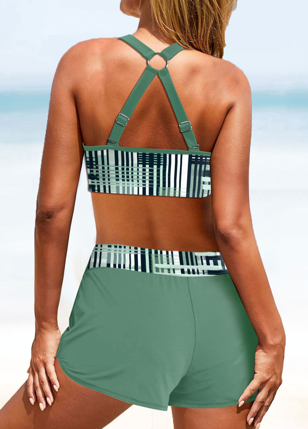 Patchwork High Waisted Geometric Print Sage Green Bikini Set