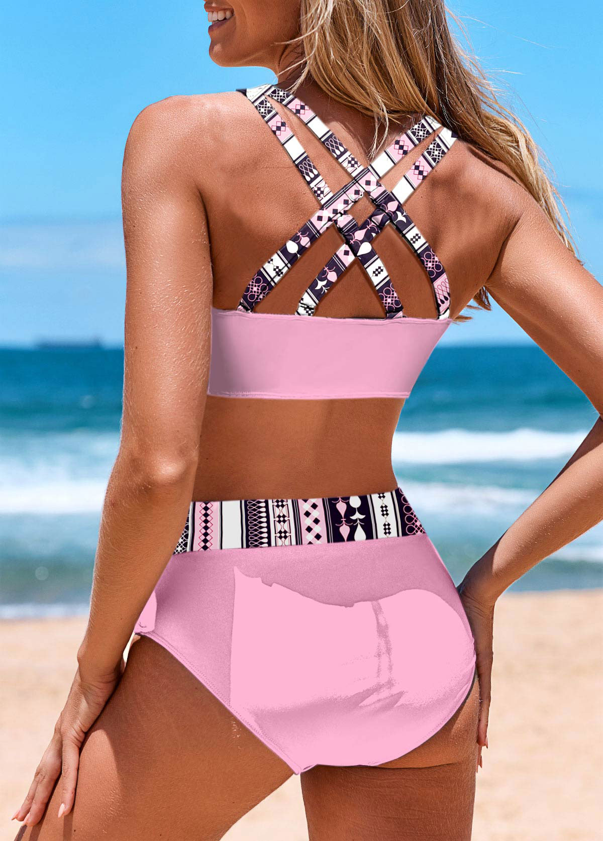 Patchwork Mid Waisted Striped Pink Bikini Set