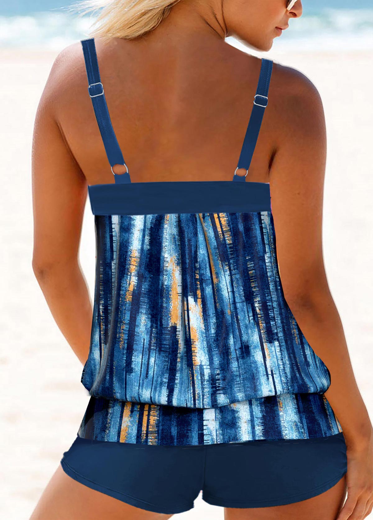 Patchwork Mid Waisted Ombre Navy Tankini Set