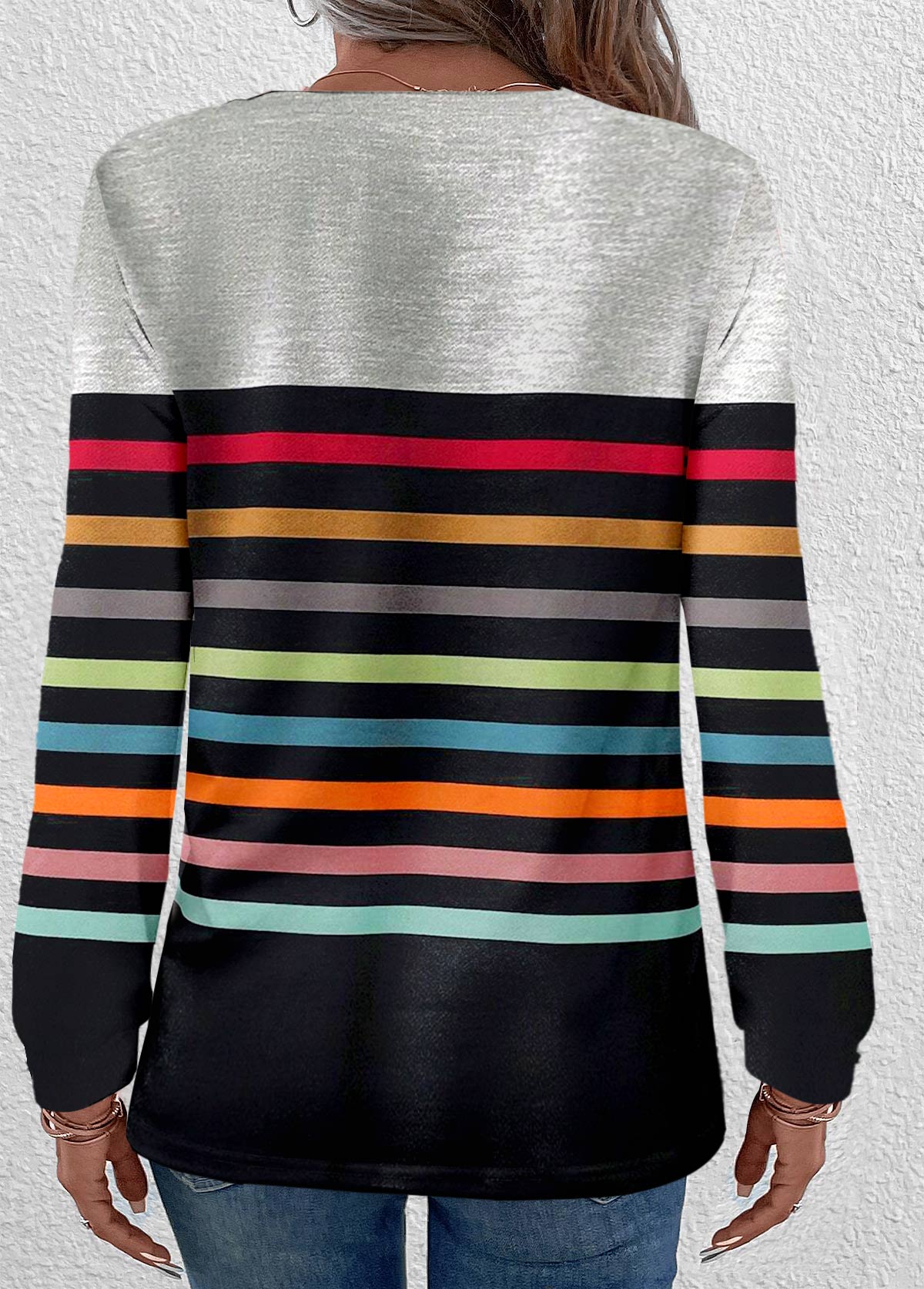 Multi Color Button Long Sleeve Round Neck T Shirt