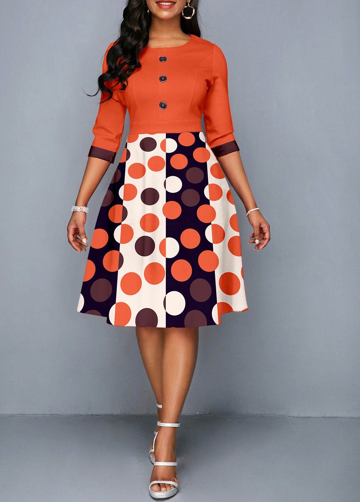 Orange Button Geometric Print Three Quarter Length Sleeve Dress