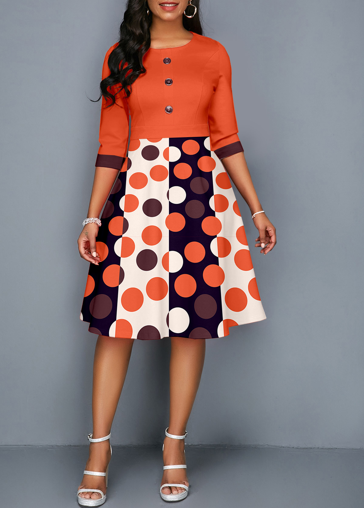 Orange Button Geometric Print Three Quarter Length Sleeve Dress