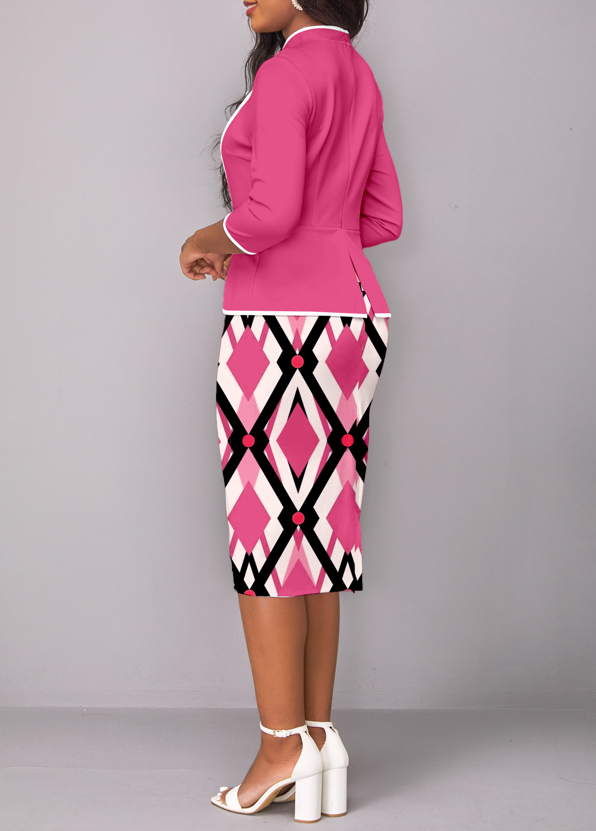 Pink Contrast Binding Geometric Print Bodycon Dress