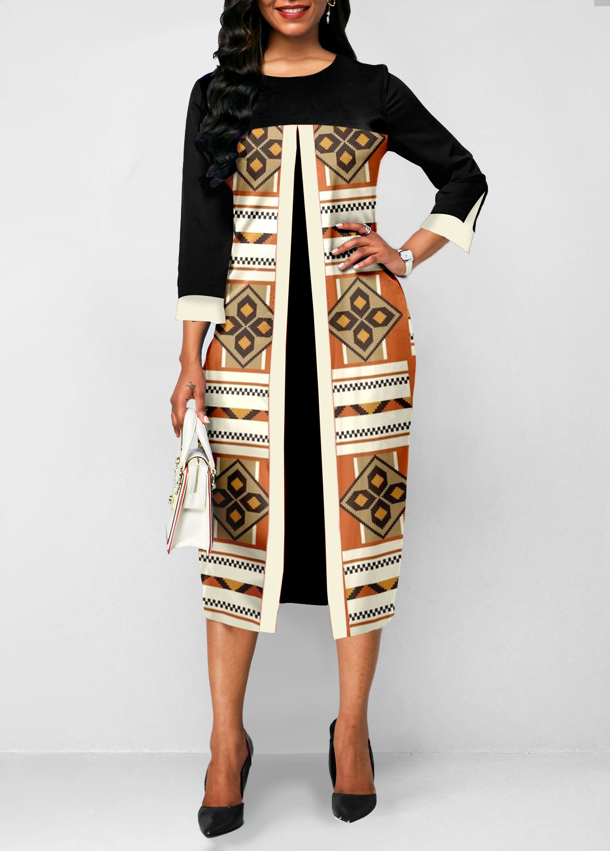 Black Fake 2in1 Tribal Print A Line Dress
