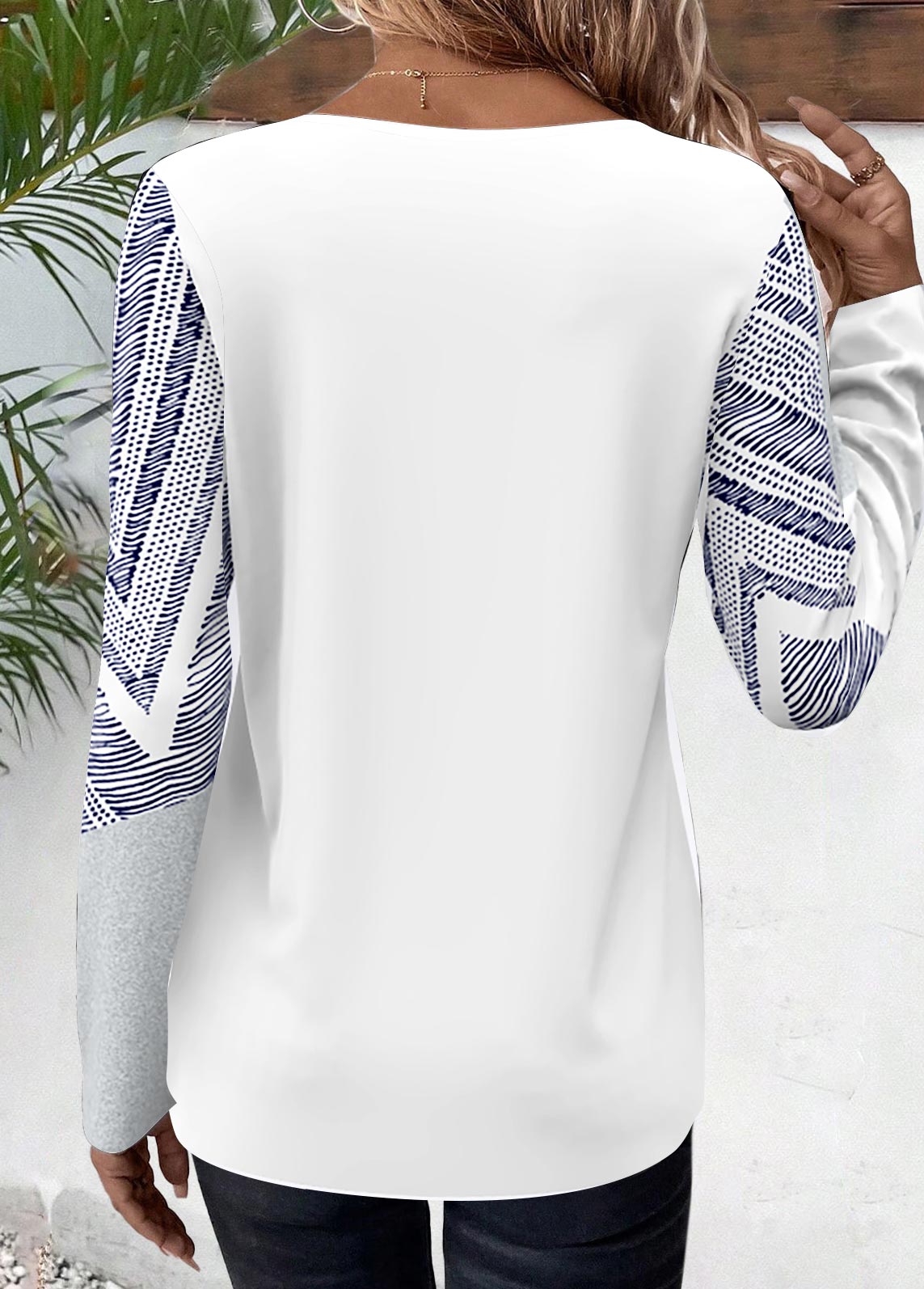 White Patchwork Geometric Print Long Sleeve T Shirt