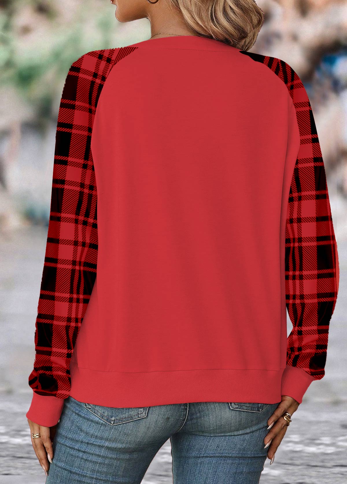 Red Split Plaid Long Sleeve Sweatshirt