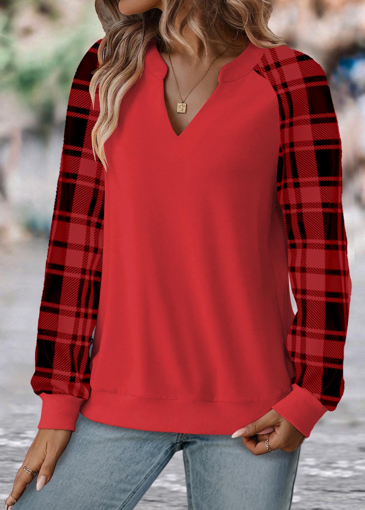 Red Split Plaid Long Sleeve Sweatshirt
