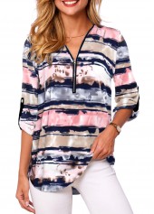 Multi Color Zipper Striped Long Sleeve V Neck Blouse