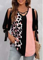 Pink Criss Cross Leopard Half Sleeve V Neck Blouse