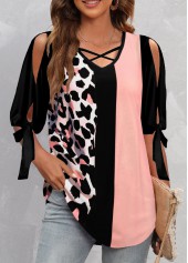 Pink Criss Cross Leopard Half Sleeve V Neck Blouse | thumb picture 