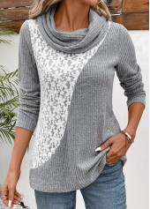 Light Grey Patchwork Long Sleeve Cowl Neck Sweatshirt