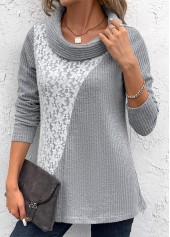 Light Grey Patchwork Long Sleeve Cowl Neck Sweatshirt | thumb picture 