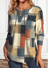 Multi Color Lace Up Geometric Print T Shirt | thumb picture 