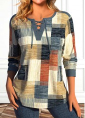 Multi Color Lace Up Geometric Print T Shirt
