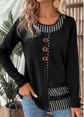 Black Patchwork Striped Long Sleeve Round Neck T Shirt | thumb picture 
