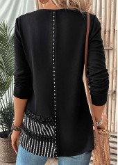 Black Patchwork Striped Long Sleeve Round Neck T Shirt | thumb picture 