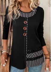 Black Patchwork Striped Long Sleeve Round Neck T Shirt | thumb picture 
