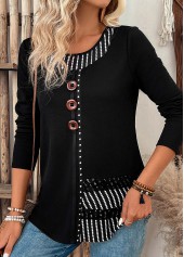 Black Patchwork Striped Long Sleeve Round Neck T Shirt | thumb picture 