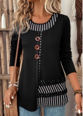 Black Patchwork Striped Long Sleeve Round Neck T Shirt | thumb picture 