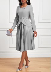 Grey Pleated Belted Long Sleeve Asymmetrical Neck Dress | thumb picture 