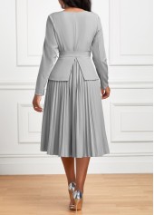 Grey Pleated Belted Long Sleeve Asymmetrical Neck Dress | thumb picture 
