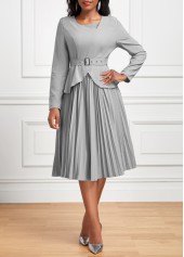 Grey Pleated Belted Long Sleeve Asymmetrical Neck Dress | thumb picture 