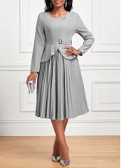 Grey Pleated Belted Long Sleeve Asymmetrical Neck Dress | thumb picture 
